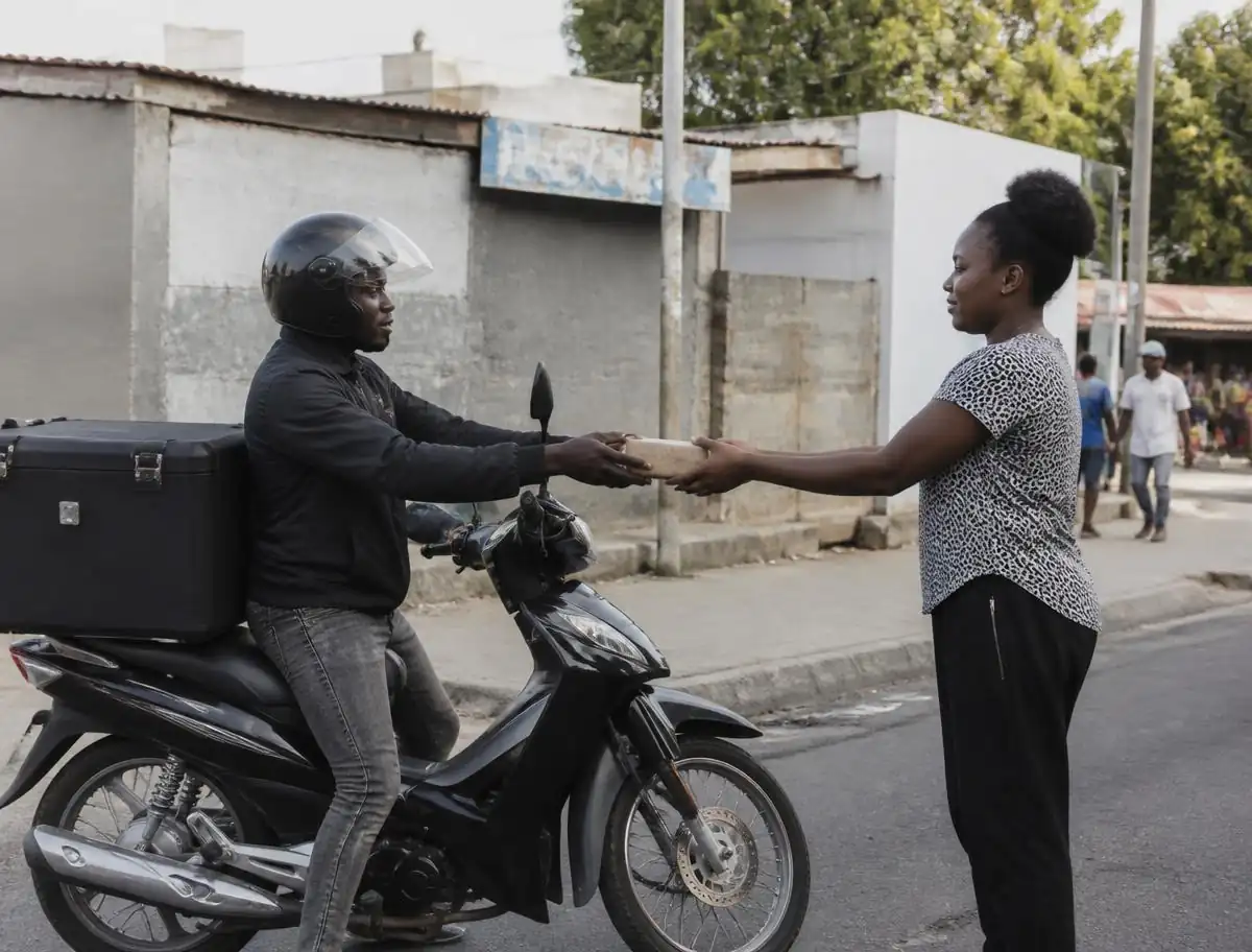 Entregador moçambicano a entregar uma encomenda Tsemba Delivery na Matola