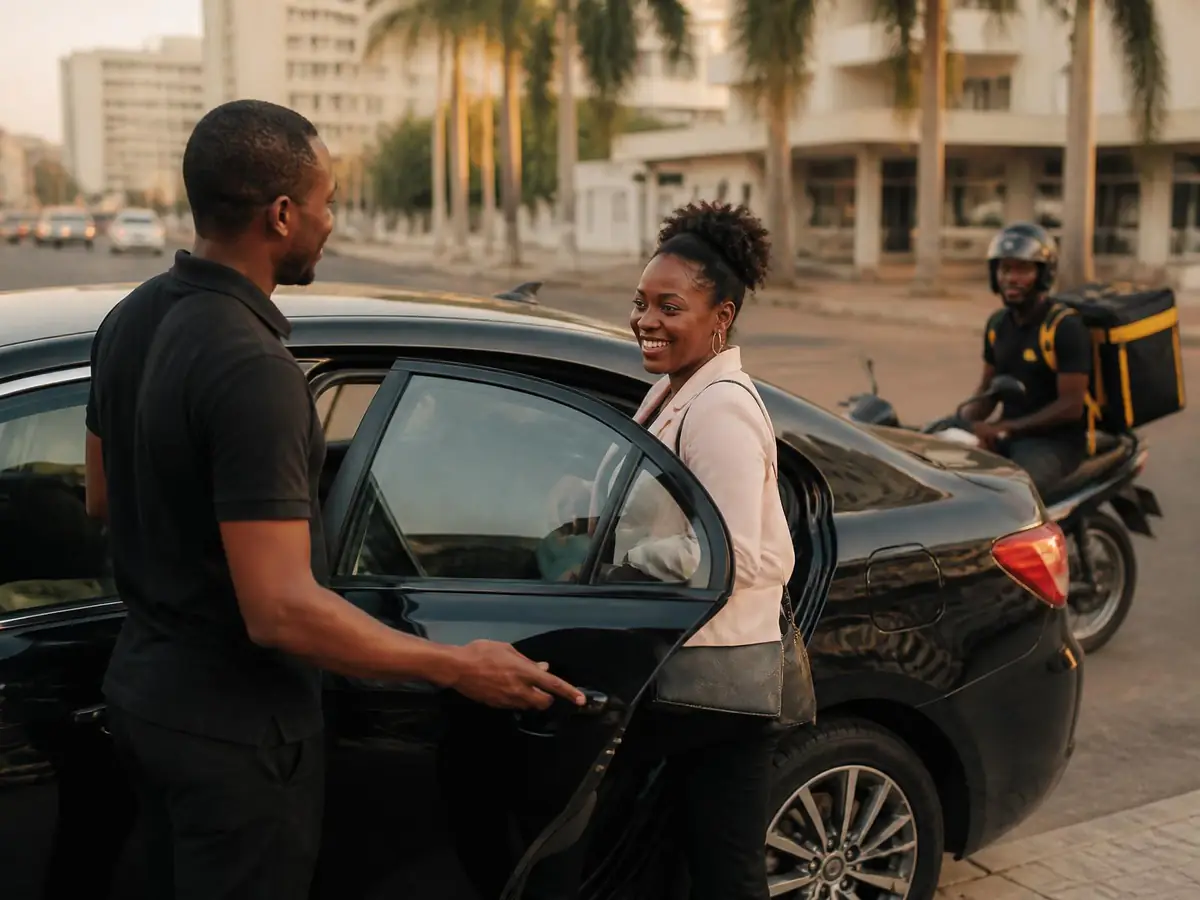 Passageira moçambicana a entrar num carro Tsemba em Maputo, com motorista e entregador de mota ao fundo