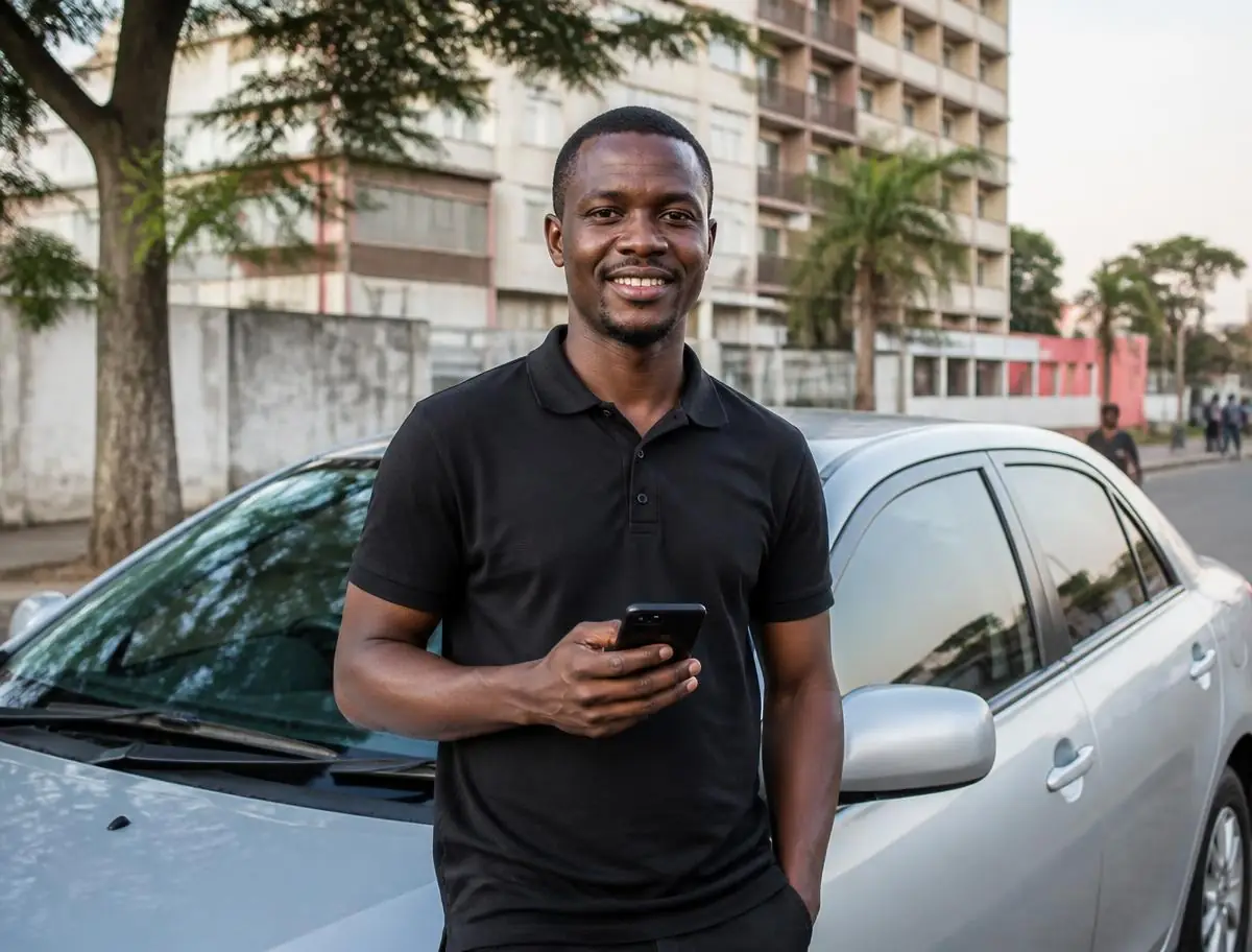 Motorista parceiro Tsemba junto à sua viatura em Maputo